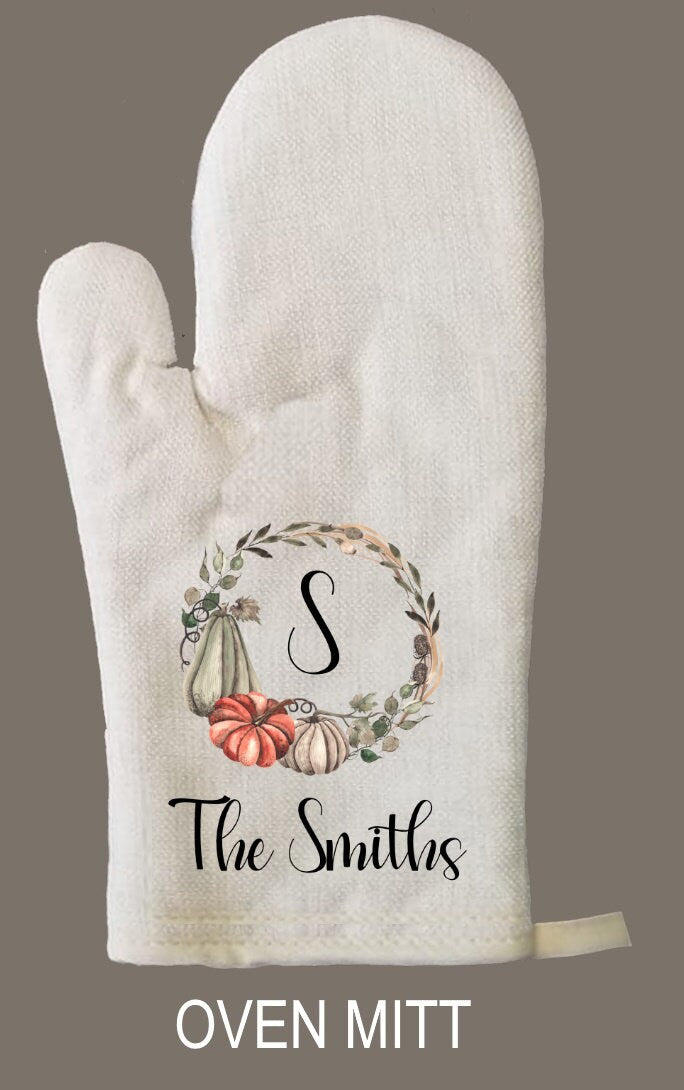 Personalized Fall Wreath Pumpkin Oven Mitt & Pot Holder Set, Thanksgiving Gift Set Hand Drawn Whisk Spoon Oven Mitts, Gifts for Mom