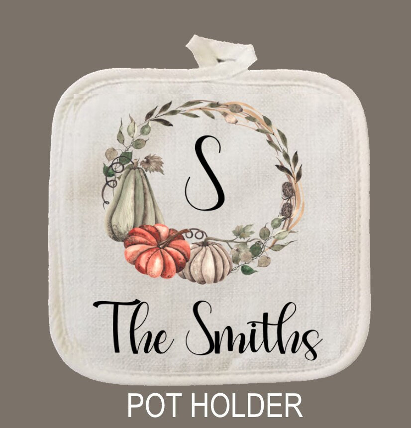 Personalized Fall Wreath Pumpkin Oven Mitt & Pot Holder Set, Thanksgiving Gift Set Hand Drawn Whisk Spoon Oven Mitts, Gifts for Mom