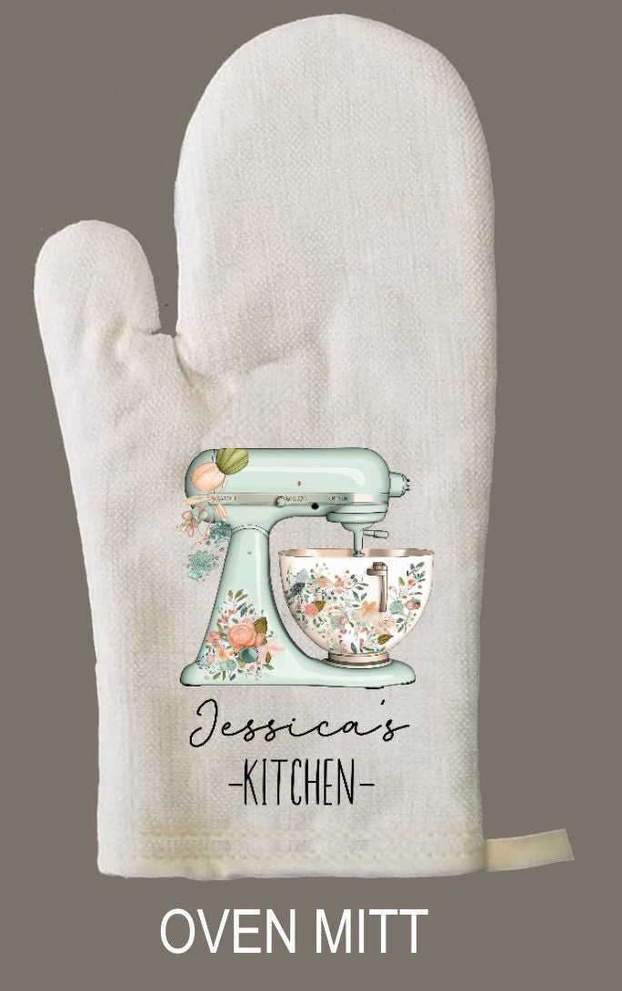 Personalized Oven Mitt & Pot Holder Set, Grandma Gift Set Floral Mixer Oven Mitts, Gifts for Mom, Camping RV