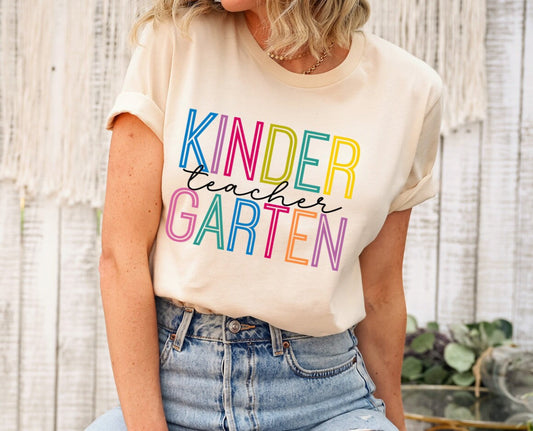 Kindergarten Teacher Tee, Colorful Kinder Team Back To School Kindergarten Teacher Novelty T-Shirt