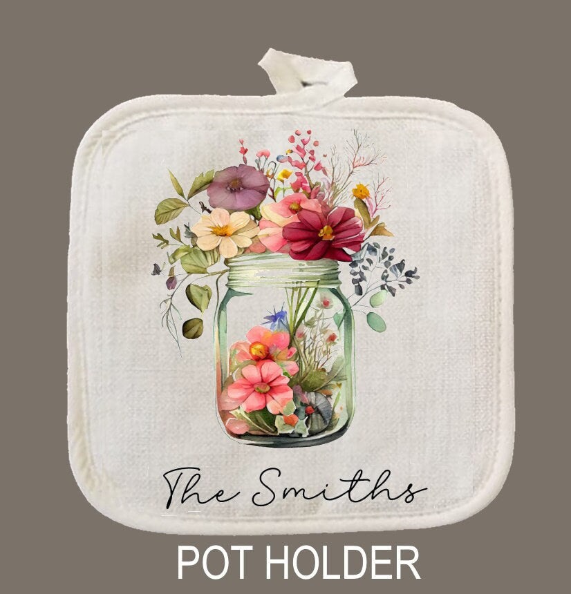 Floral Personalized Oven Mitt & Pot Holder Set, Floral Jar Gift Set Personalized Oven Mitts, Gifts for Mom, Gift for Aunt, Hostess Gift