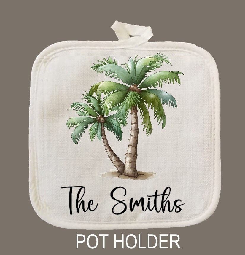 Personalized Tropical Palm Trees Oven Mitt & Pot Holder Set, Gift Set Personalized Oven Mitts, Gifts for Mom, Beach House Gift, Hostess Gift