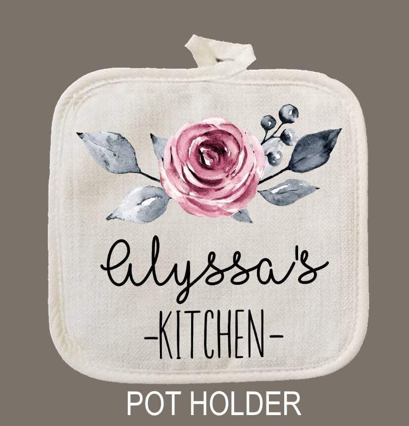 Floral Personalized Oven Mitt & Pot Holder Set, Flower Rose Gift Set Personalized Oven Mitts, Gifts for Mom, Gift for Aunt, Hostess Gift