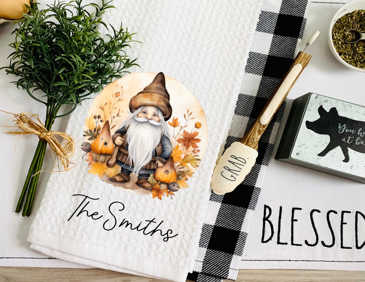 Personalized Folk Gnome Fall Dish Towel - Fall Decor Thanksgiving Tea Towel Kitchen Decor - New Home Gift Farm Decorations house Towel