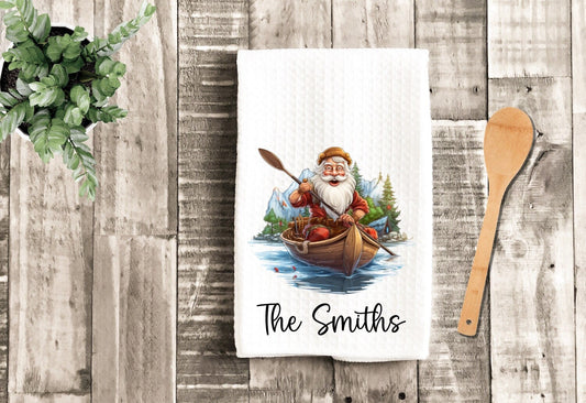 Personalized Santa Canoe Boat Merry Christmas Tea Dish Towel - Winter Tea Towel Kitchen Décor - Housewarming Farm Decorations house Towel