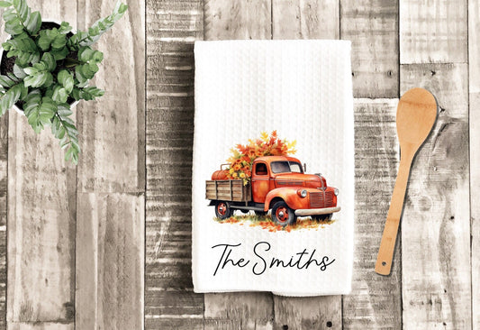 Personalized Fall Truck Dish Towel - Fall Decor Thanksgiving Tea Towel Kitchen Decor - New Home Gift Farm Decorations house Towel