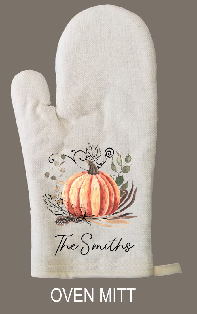 Personalized Fall Pumpkin Oven Mitt & Pot Holder Set, Thanksgiving Gift Set Hand Drawn Whisk Spoon Oven Mitts, Gifts for Mom