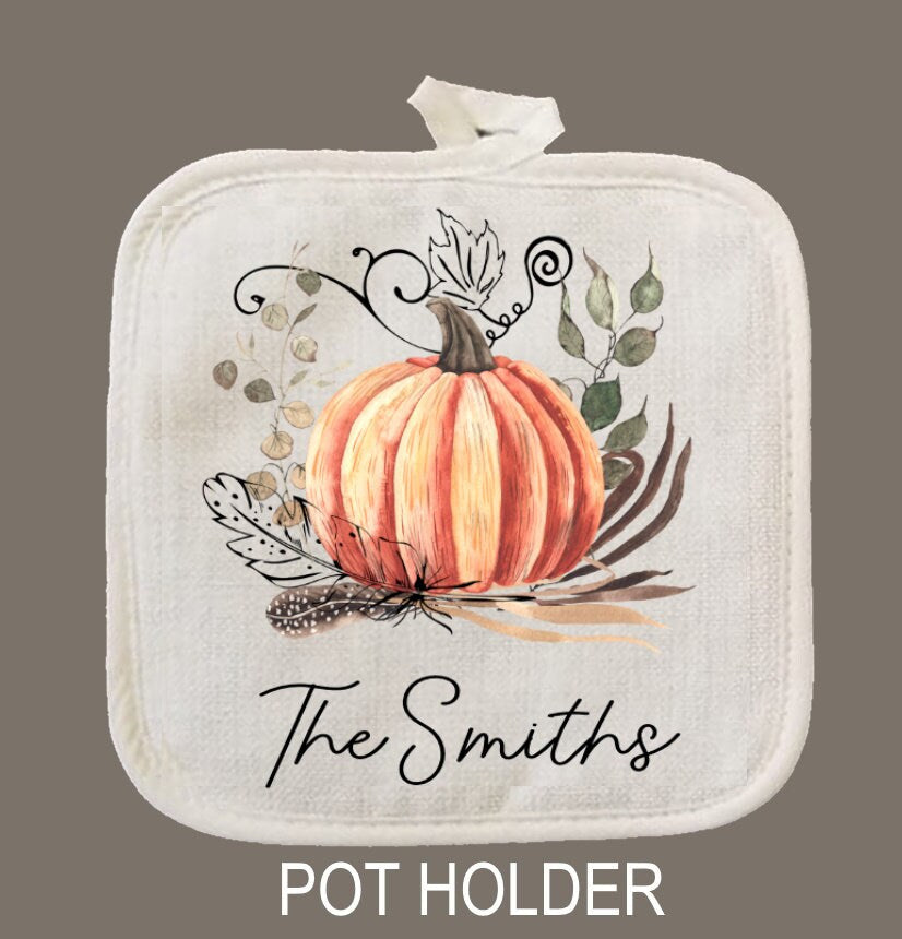 Personalized Fall Pumpkin Oven Mitt & Pot Holder Set, Thanksgiving Gift Set Hand Drawn Whisk Spoon Oven Mitts, Gifts for Mom
