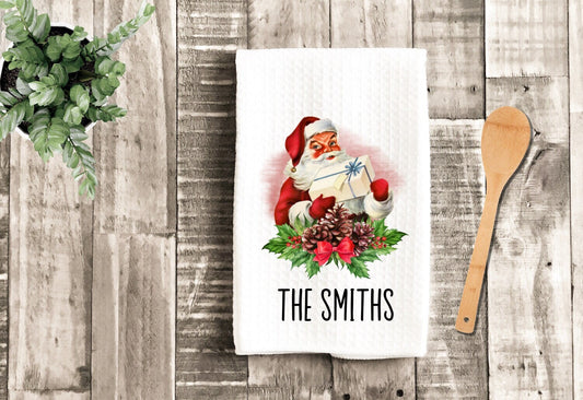 Personalized Vintage Santa Merry Christmas Tea Dish Towel - Winter Tea Towel Kitchen Décor - Housewarming Hostess Decorations house Towel