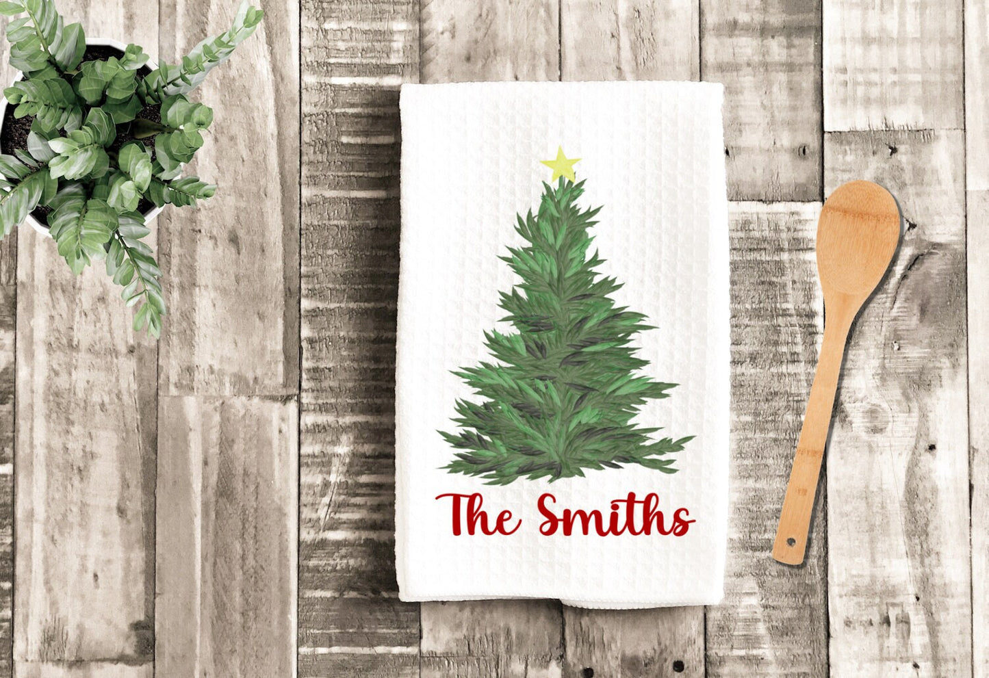 Green Christmas Tree Personalized Tea Dish Towel - Name Tree Tea Towel Kitchen Décor - Housewarming Farm Decorations house Towel