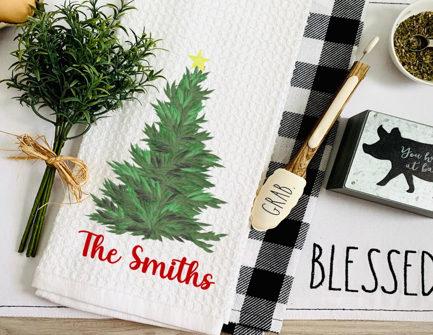 Green Christmas Tree Personalized Tea Dish Towel - Name Tree Tea Towel Kitchen Décor - Housewarming Farm Decorations house Towel