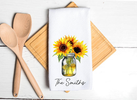 Sunflowers Jar Tea Dish Towel - Personalized Spring Flowers Towel Kitchen Décor - Housewarming Decorations house Towel