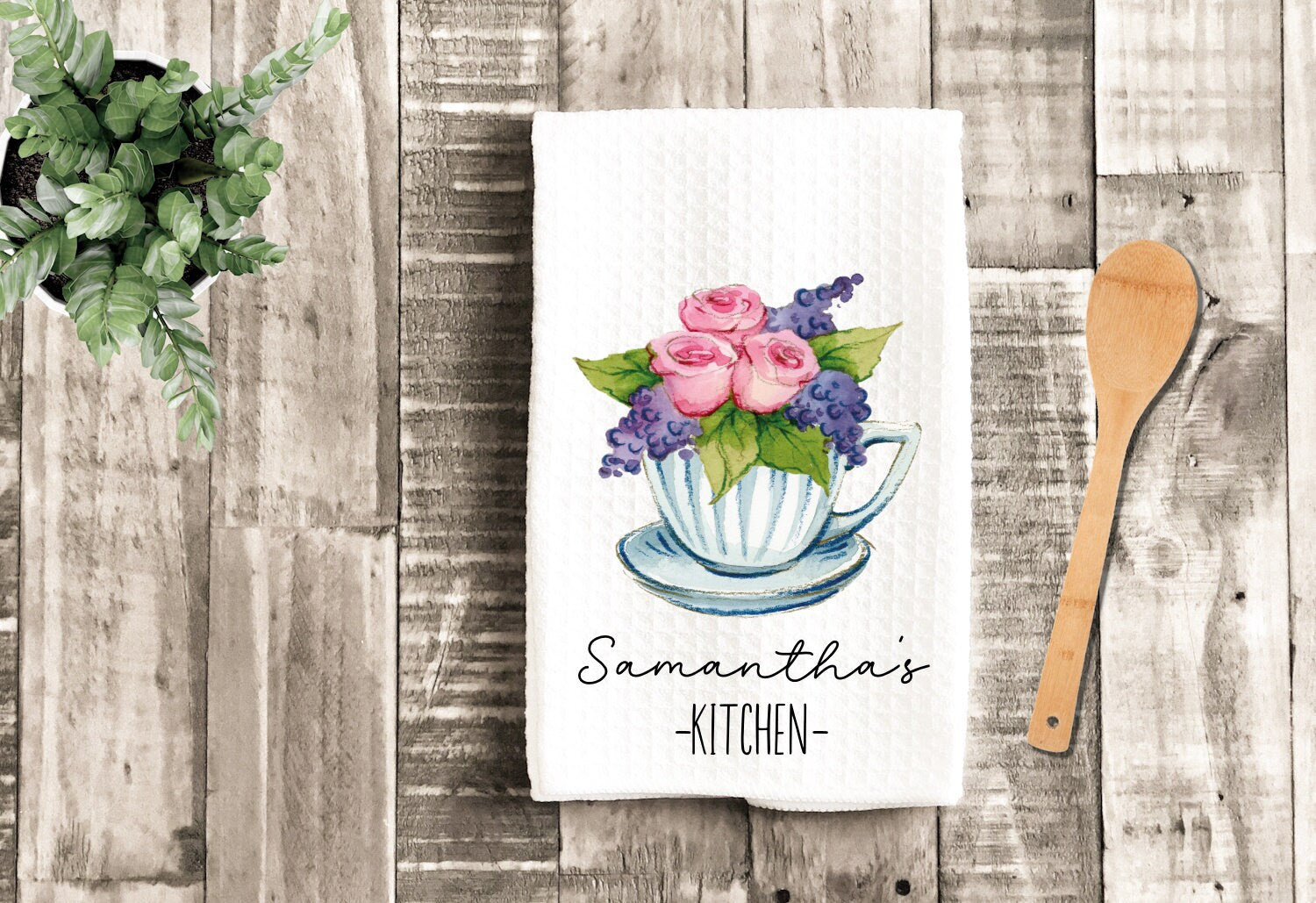 Personalized Country Cottage Rose Tea Dish Towel - Monogram Tea Towel Kitchen Décor - Housewarming Farm Decorations house Towel