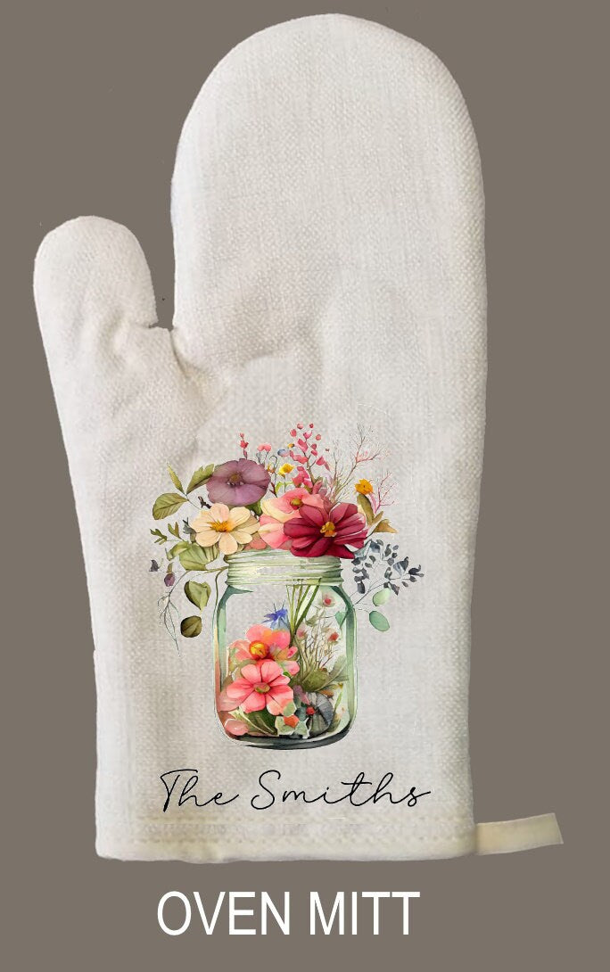 Floral Personalized Oven Mitt & Pot Holder Set, Floral Jar Gift Set Personalized Oven Mitts, Gifts for Mom, Gift for Aunt, Hostess Gift