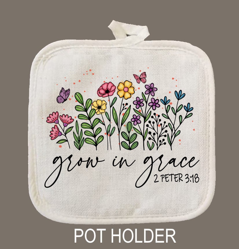 Grow In Grace Oven Mitt & Pot Holder Set, Floral Christian Gift Set Personalized Oven Mitts, Gifts for Mom, Gift for Aunt, Hostess Gift
