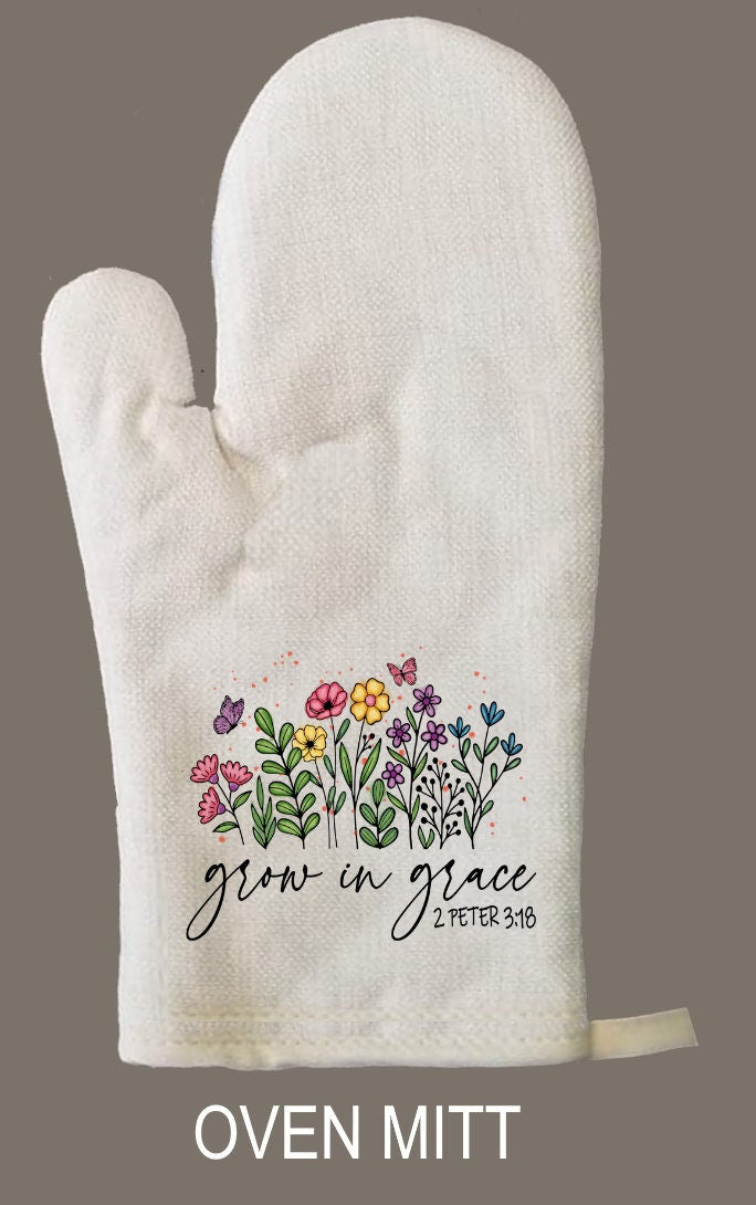 Grow In Grace Oven Mitt & Pot Holder Set, Floral Christian Gift Set Personalized Oven Mitts, Gifts for Mom, Gift for Aunt, Hostess Gift