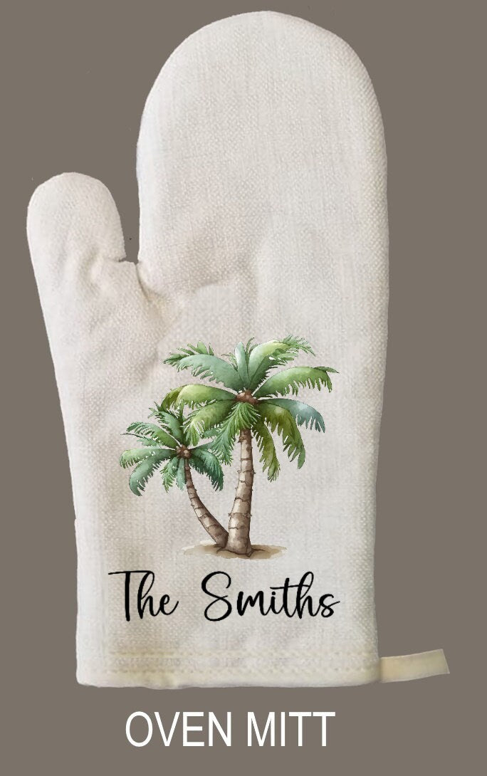 Personalized Tropical Palm Trees Oven Mitt & Pot Holder Set, Gift Set Personalized Oven Mitts, Gifts for Mom, Beach House Gift, Hostess Gift