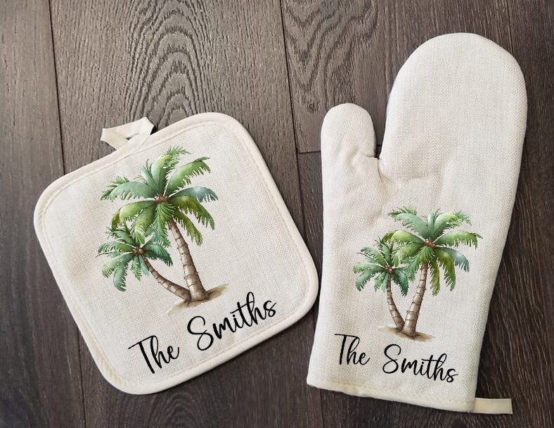 Personalized Tropical Palm Trees Oven Mitt & Pot Holder Set, Gift Set Personalized Oven Mitts, Gifts for Mom, Beach House Gift, Hostess Gift