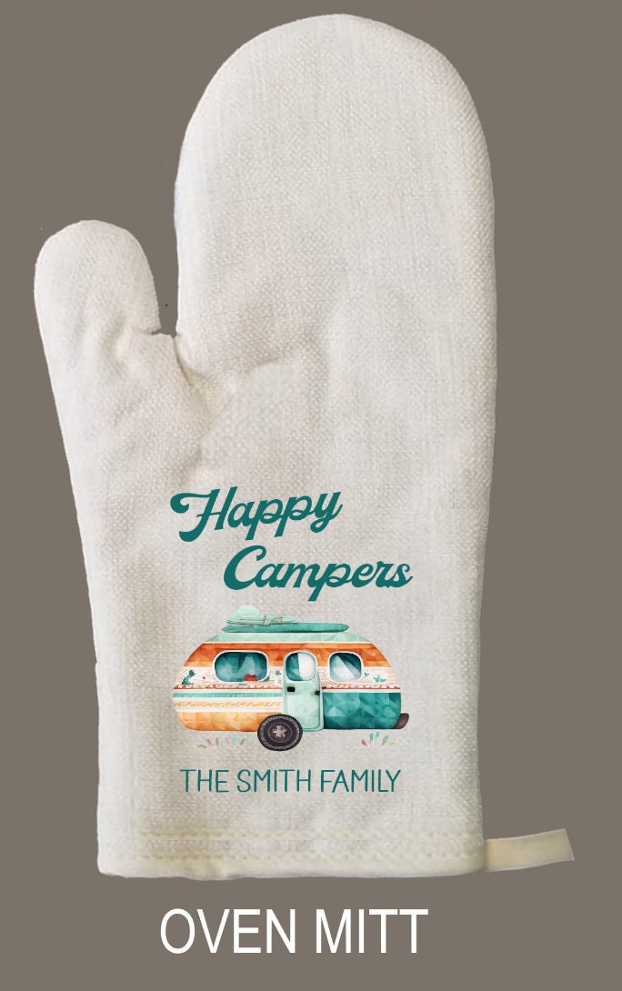 Happy Camper Personalized Oven Mitt & Pot Holder Set, Camper Gift Set RV Oven Mitts, Gifts for Mom, Camping RV
