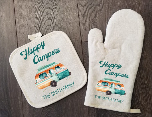 Happy Camper Personalized Oven Mitt & Pot Holder Set, Camper Gift Set RV Oven Mitts, Gifts for Mom, Camping RV