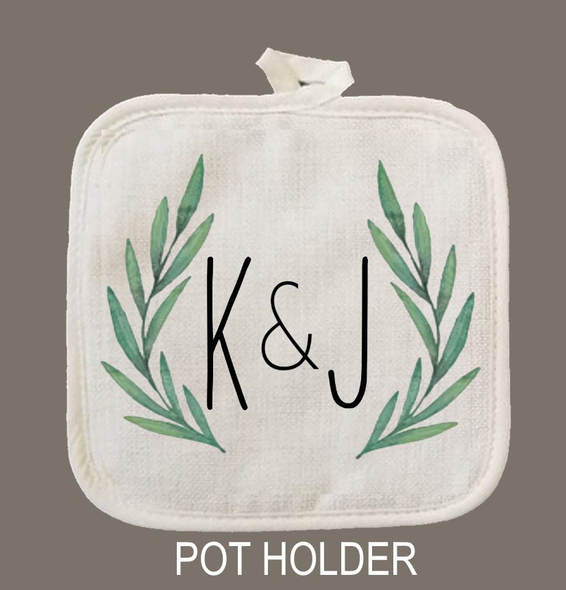 Personalized Oven Mitt & Pot Holder Set, Greenery Leaf Initial Gift Set Personalized Oven Mitts, Mom's Kitchen, Mimi's Kitchen Camping RV