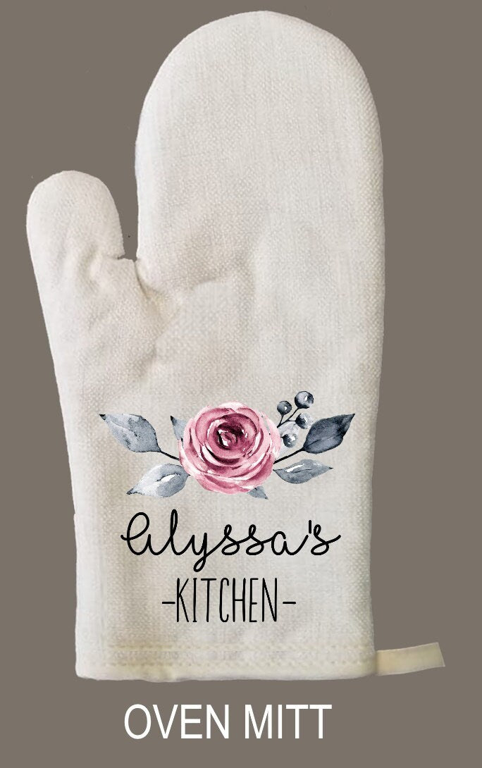 Floral Personalized Oven Mitt & Pot Holder Set, Flower Rose Gift Set Personalized Oven Mitts, Gifts for Mom, Gift for Aunt, Hostess Gift