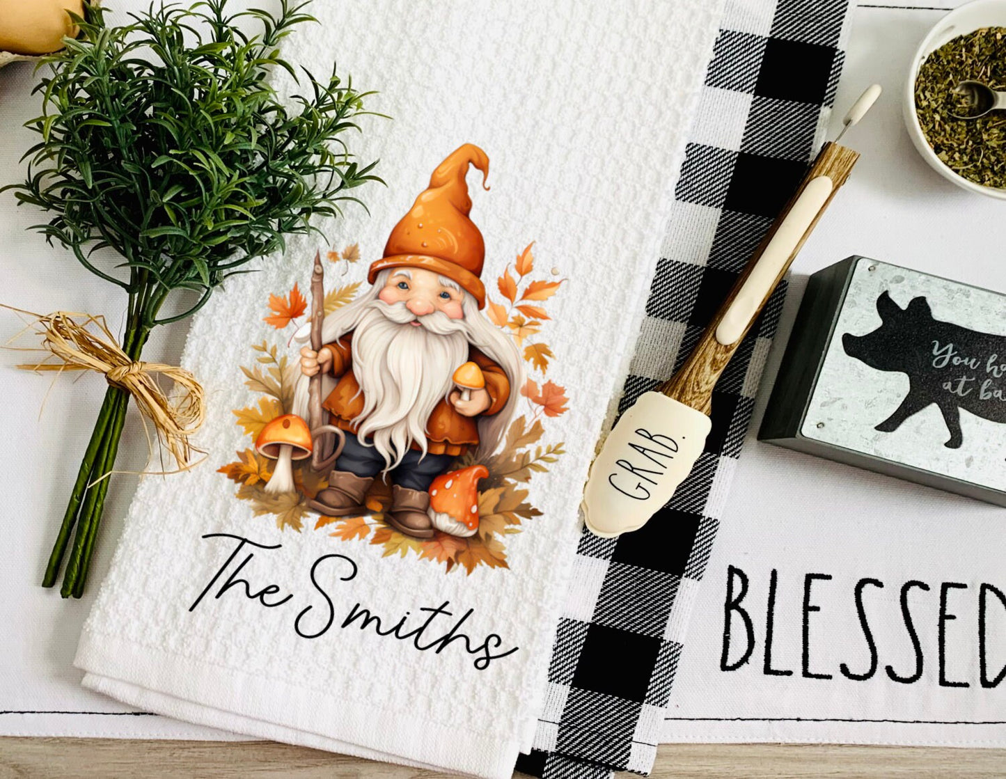 Personalized Fall Gnome Dish Towel - Fall Decor Thanksgiving Tea Towel Kitchen Decor - New Home Gift Farm Decorations house Towel