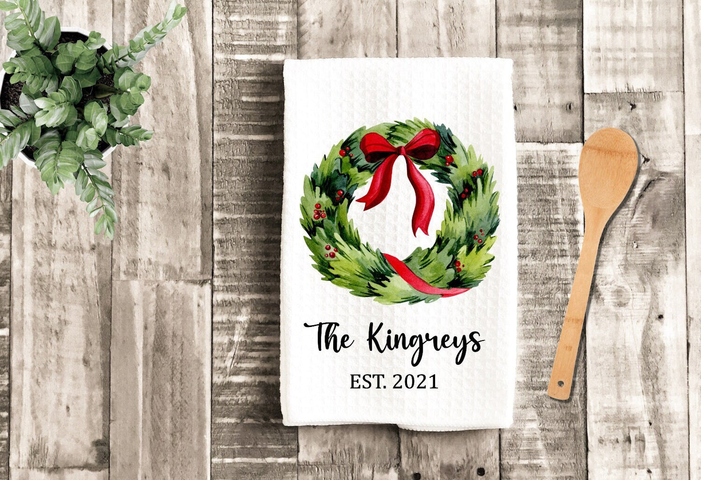 Personalized Christmas Wreath Kitchen Tea Dish Towel - Winter Tea Towel Kitchen Décor - Housewarming Farm Decorations house Towel