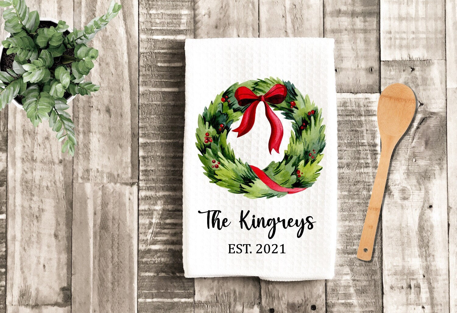 Personalized Christmas Wreath Kitchen Tea Dish Towel - Winter Tea Towel Kitchen Décor - Housewarming Farm Decorations house Towel