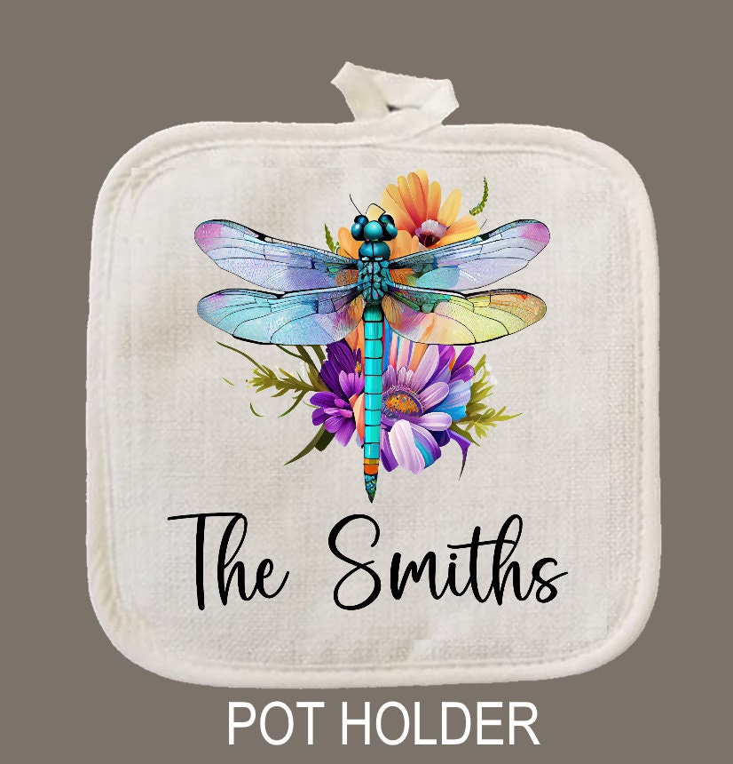 Personalized Dragonfly Watercolor Oven Mitt & Pot Holder Set, Grandma Gift Set Personalized Oven Mitts, Gifts for Mom