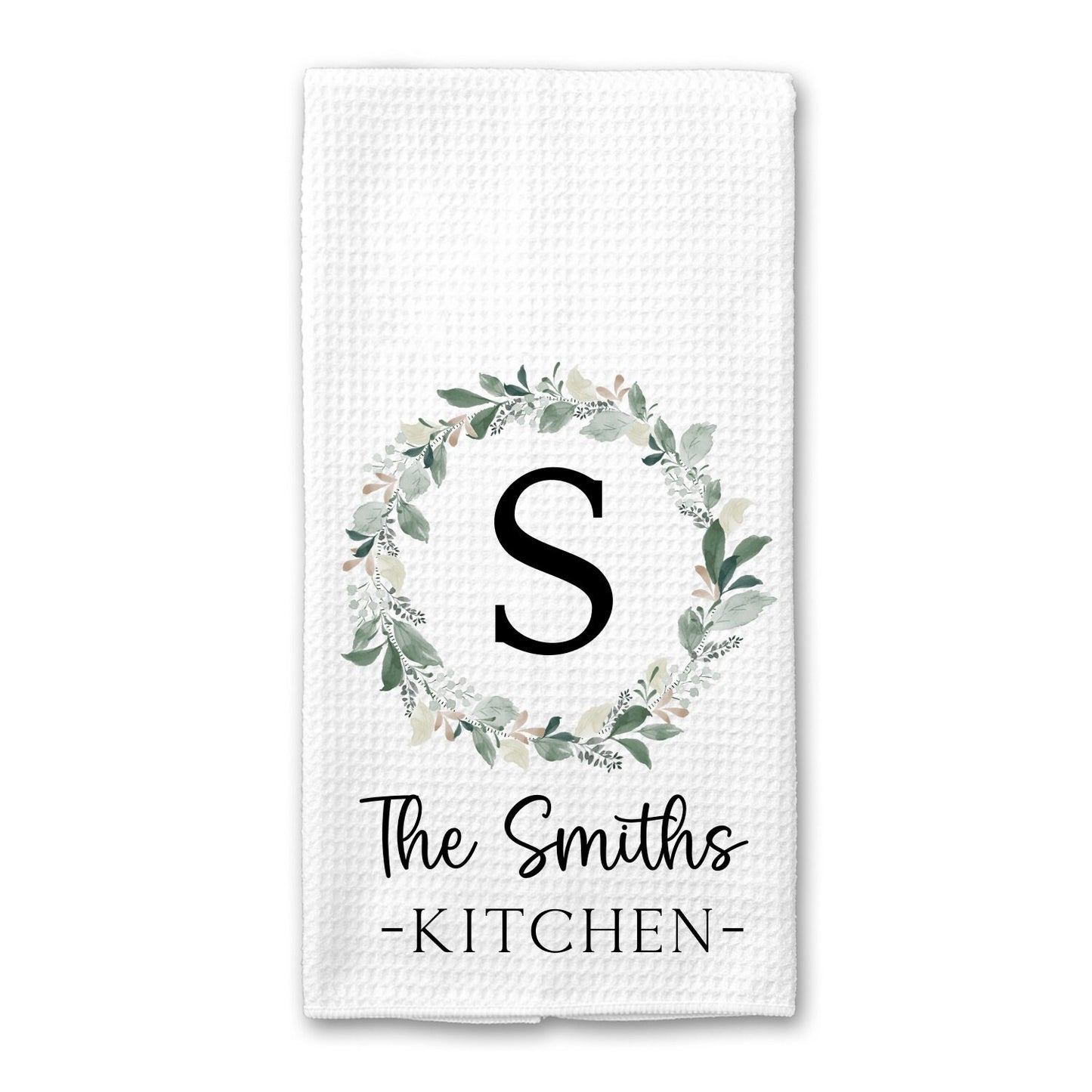 Greenery Wreath Personalized Tea Dish Towel - Monogram Tea Towel Kitchen Décor - Housewarming Farm Decorations house Towel