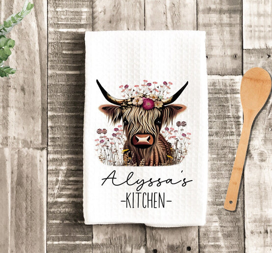 Highland Cow Personalized Dish Towel - Floral Cow Towel Kitchen Decor - New Home Gift Farm Decorations house Decor Towel