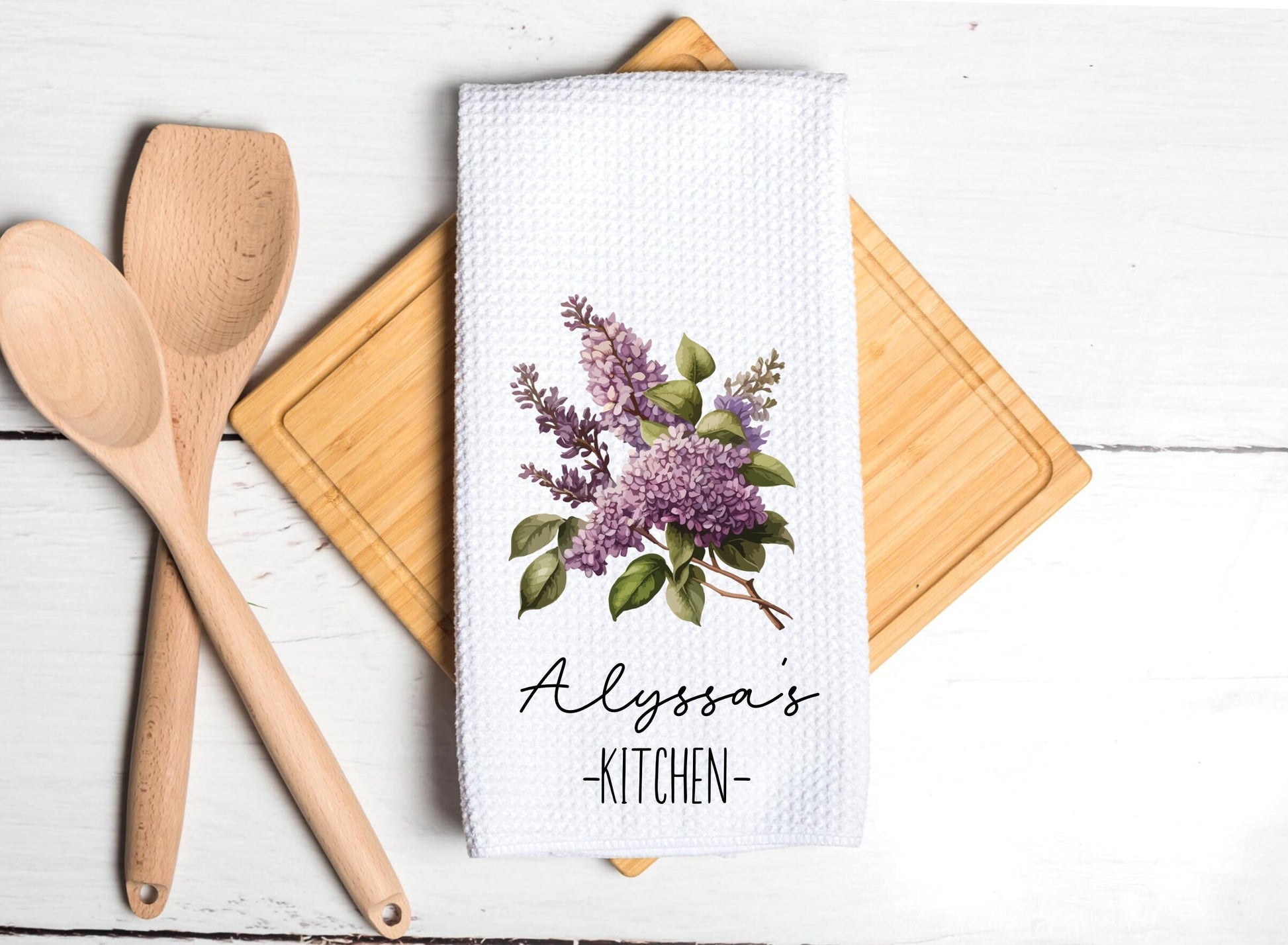 Personalized Kitchen Lilac Floral Dish Towel - Mother's Day Nana Tea Towel Kitchen Decor - New Home Gift Farm Decorations