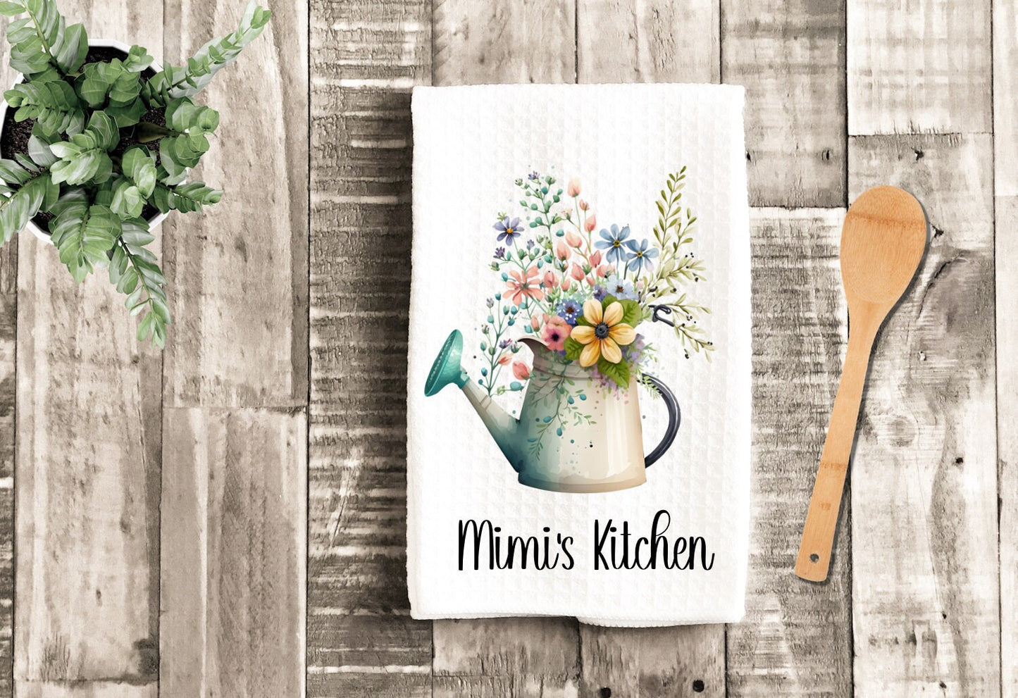 Personalized Kitchen Floral Bouquet Watercolor Dish Towel - Mimi Water Can Tea Towel Kitchen Decor - New Home Gift Farm Decorations Towel
