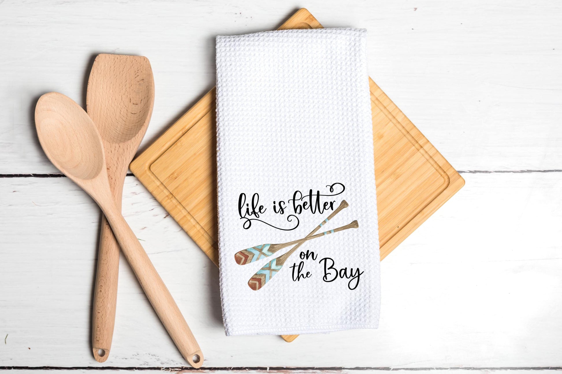 Life Is Better On The Bay Dish Towel - Bay House Tea Towel Kitchen Decor - Camping RV Travel Trailer Kitchen Towel