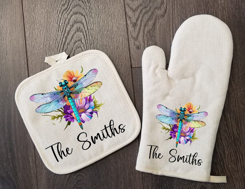 Personalized Dragonfly Watercolor Oven Mitt & Pot Holder Set, Grandma Gift Set Personalized Oven Mitts, Gifts for Mom