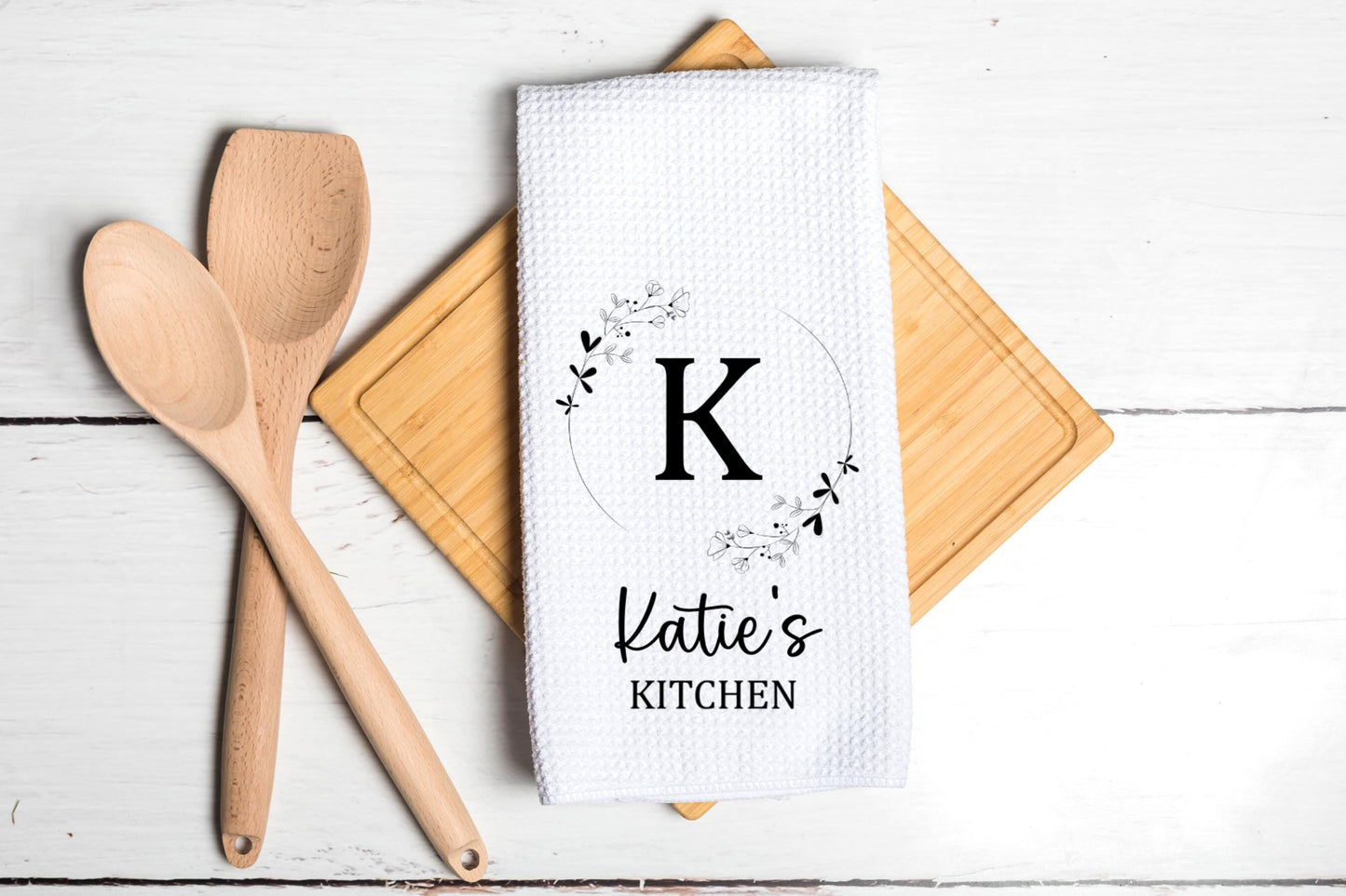 Personalized Monogram Towel Tea Dish Towel - Wreath Tea Towel Kitchen Décor - Housewarming Farm Decorations house Towel