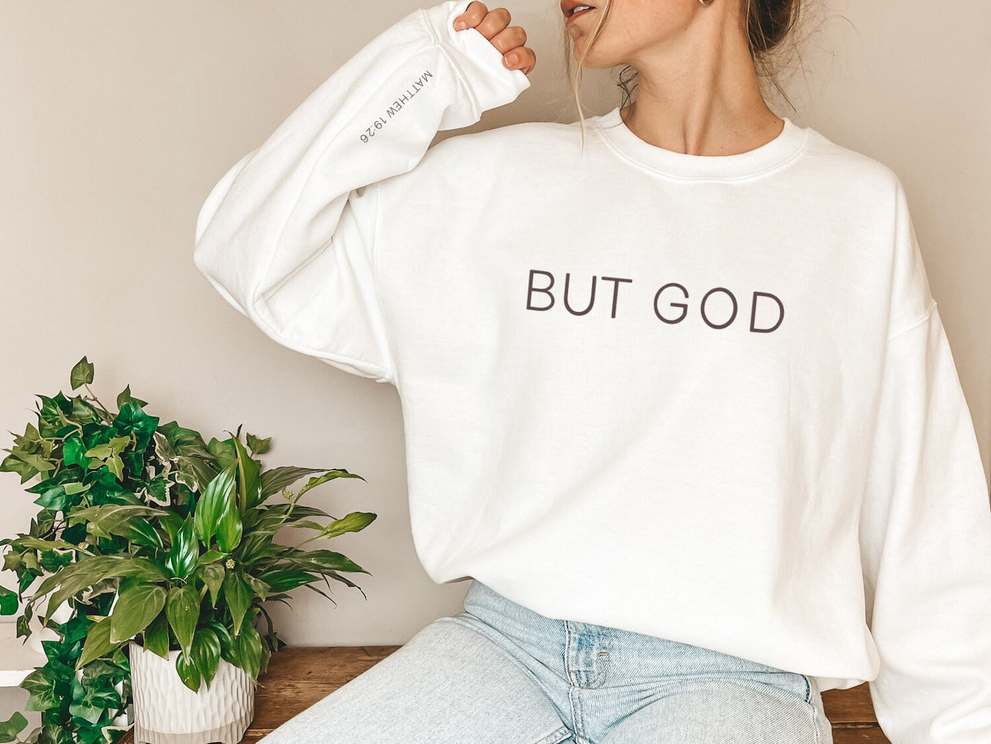 But God Bible Verse Sleeve Crewneck Sweatshirt, Bible Quote Faith Christian Long Sleeve Shirt Sweatshirt