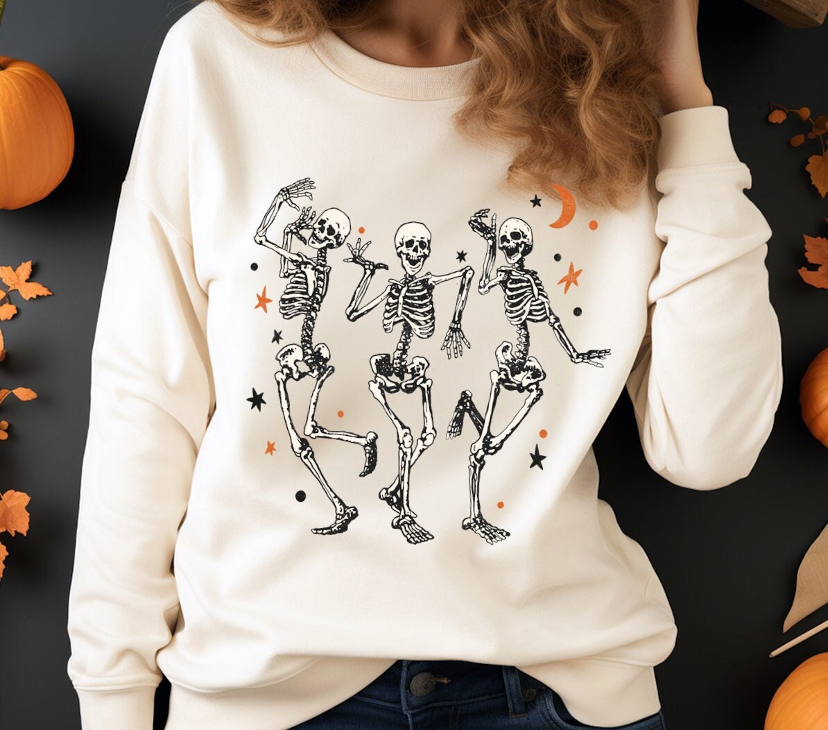 Dancing Skeletons Crewneck Sweatshirt, Halloween Fall Mom Long-sleeved Shirt Sweatshirt