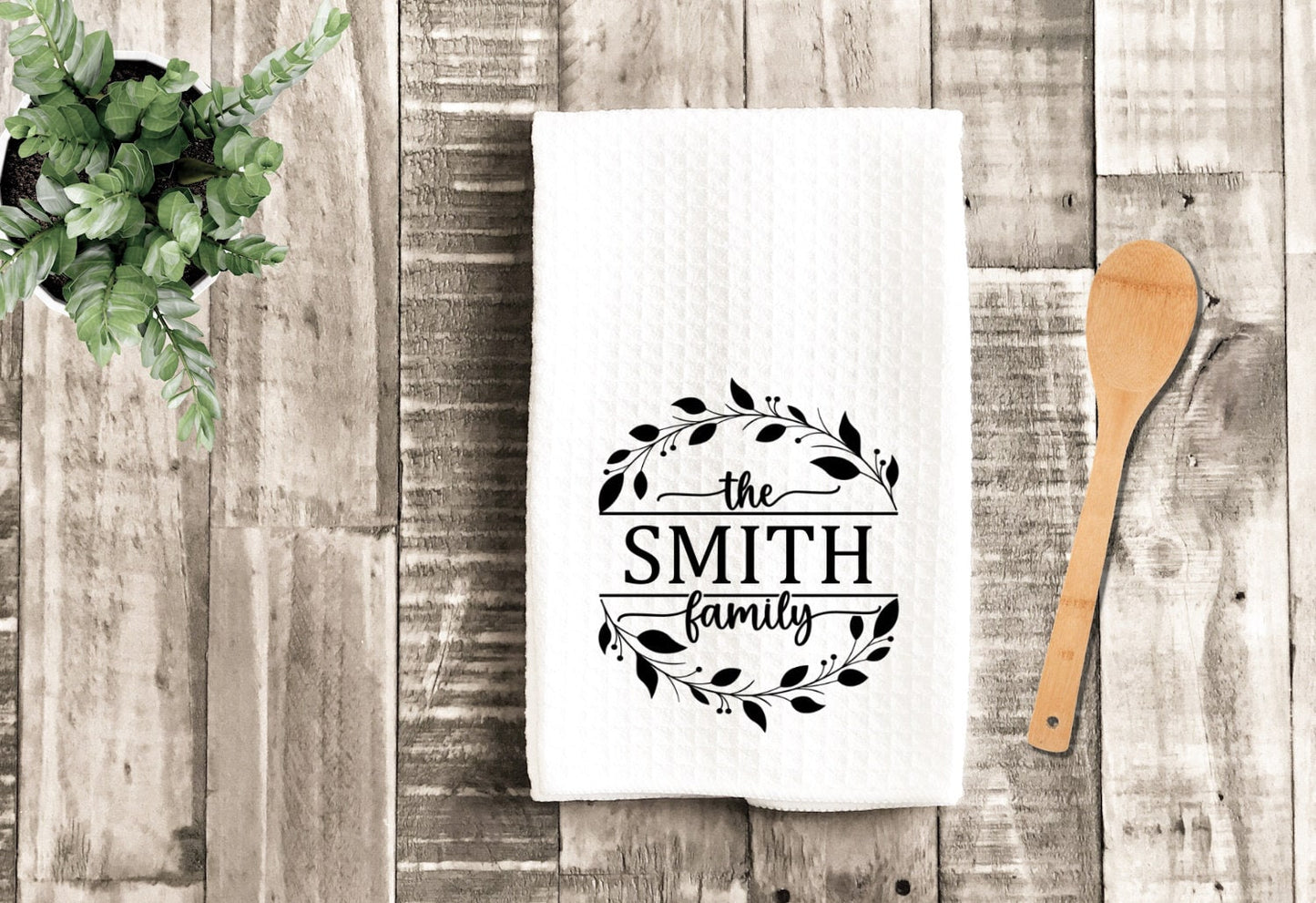 Personalized Family Name Towel Tea Dish Towel - Wreath Tea Towel Kitchen Décor - Housewarming Farm Decorations house Towel