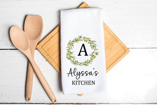Olive Wreath Monogram Tea Dish Towel - Personalized Tea Towel Kitchen Décor - New Home Gift, Wedding Housewarming Farm Decoration house