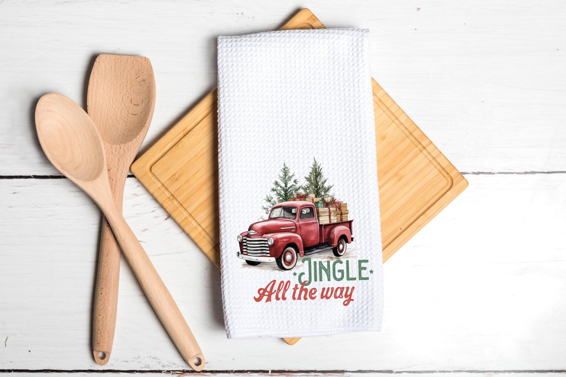 Christmas Farm Truck Jingle All The Way Tea Dish Towel - Vintage Truck Tea Towel Kitchen Décor - Housewarming Farm Decorations house Towel