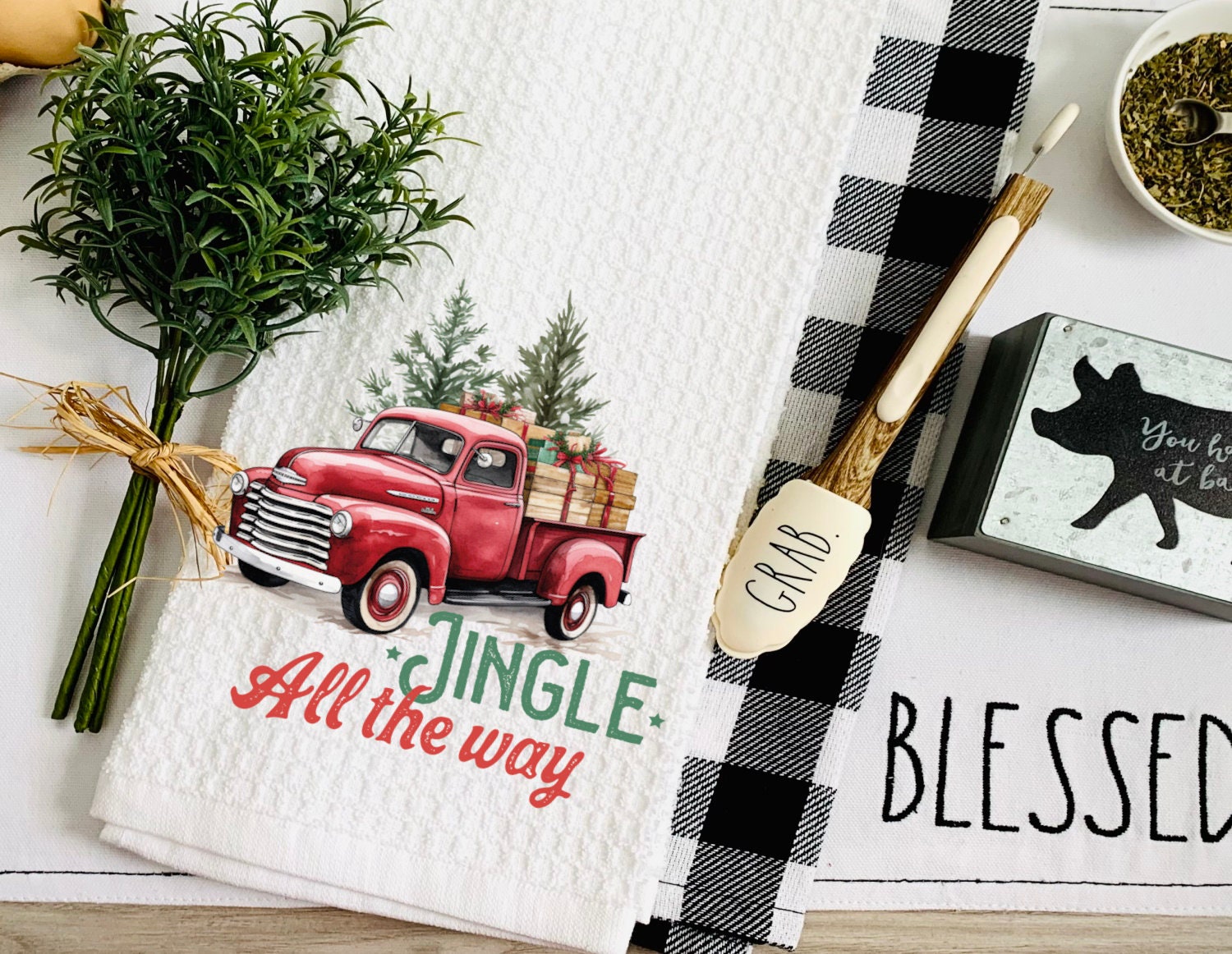 Christmas Farm Truck Jingle All The Way Tea Dish Towel - Vintage Truck Tea Towel Kitchen Décor - Housewarming Farm Decorations house Towel