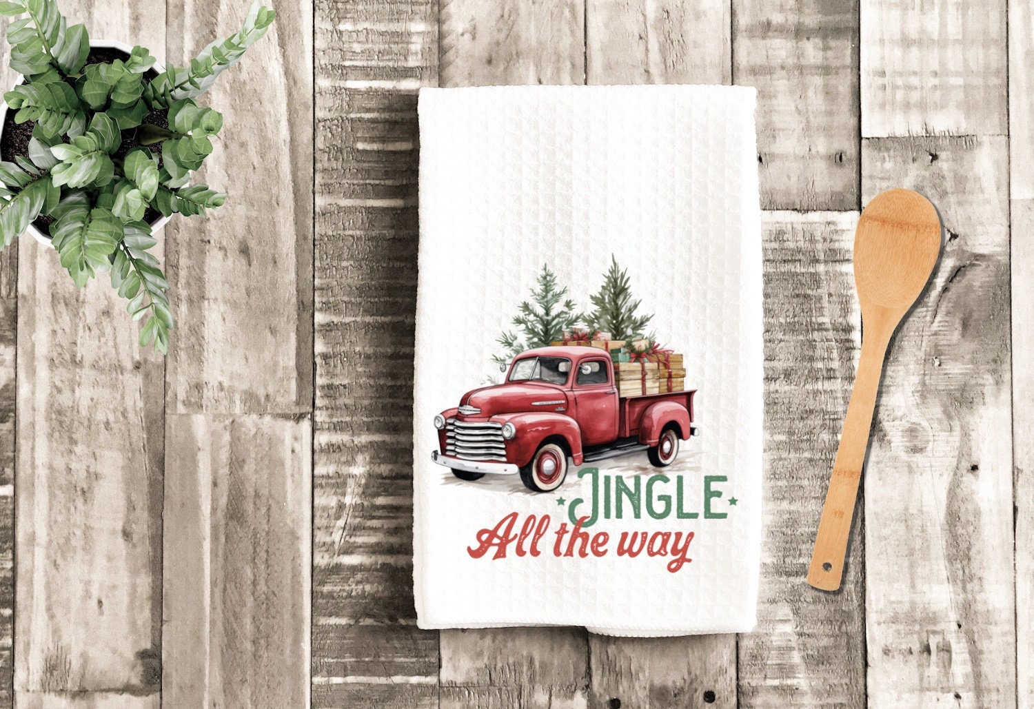 Christmas Farm Truck Jingle All The Way Tea Dish Towel - Vintage Truck Tea Towel Kitchen Décor - Housewarming Farm Decorations house Towel