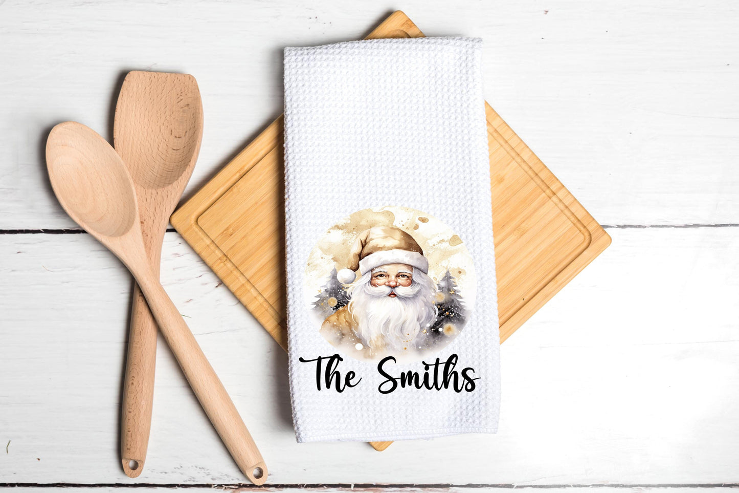 Personalized Gold Santa Merry Christmas Tea Dish Towel - Winter Tea Towel Kitchen Décor - Housewarming Hostess Decorations house Towel