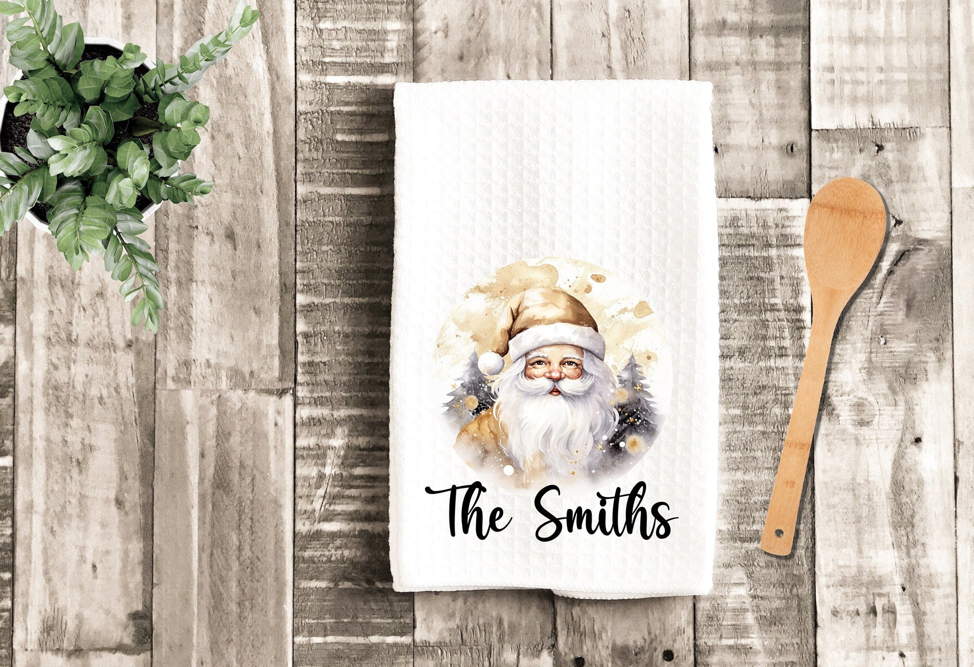 Personalized Gold Santa Merry Christmas Tea Dish Towel - Winter Tea Towel Kitchen Décor - Housewarming Hostess Decorations house Towel