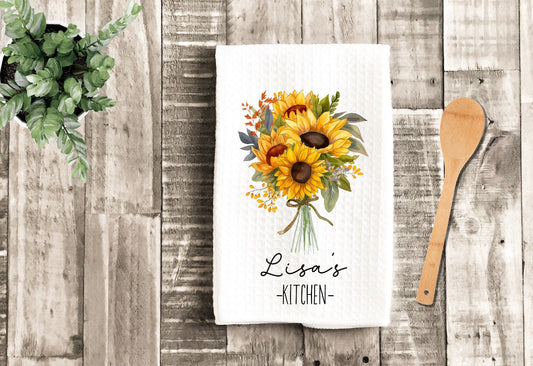 Personalized Tea Dish Towel - Sunflower Bouquet Floral Tea Towel Kitchen Décor - Housewarming Farm Decorations house Towel - Gift For Mom