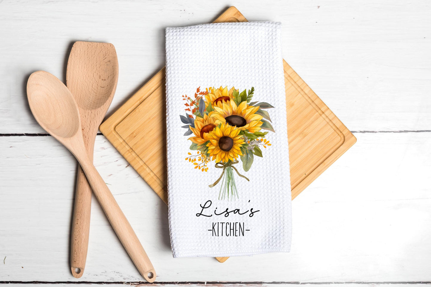 Personalized Tea Dish Towel - Sunflower Bouquet Floral Tea Towel Kitchen Décor - Housewarming Farm Decorations house Towel - Gift For Mom