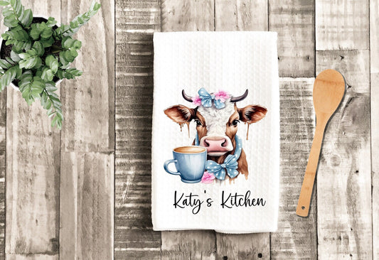 Cow With Coffee Personalized Dish Towel - Cow Lover Tea Towel Kitchen - New Home Gift, Housewarming Farm Decorations house Decor Towel