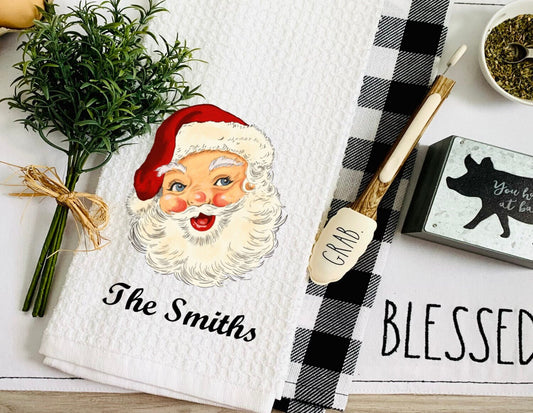 Personalized Retro Santa Merry Christmas Tea Dish Towel - Winter Tea Towel Kitchen Décor - Housewarming Hostess Decorations house Towel